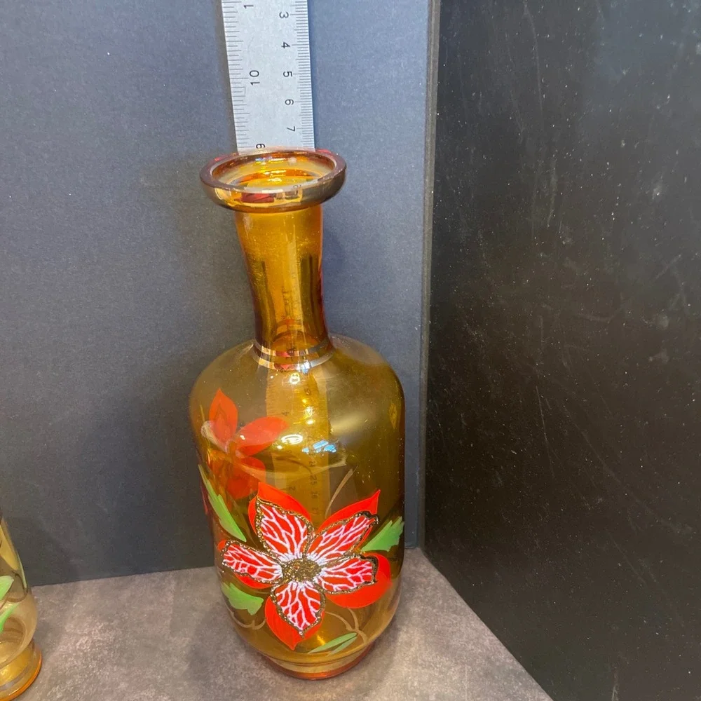 Amber Glass Red Flower‎ Decanter Green Leaf Glasses Vintage Barware Gold Trim